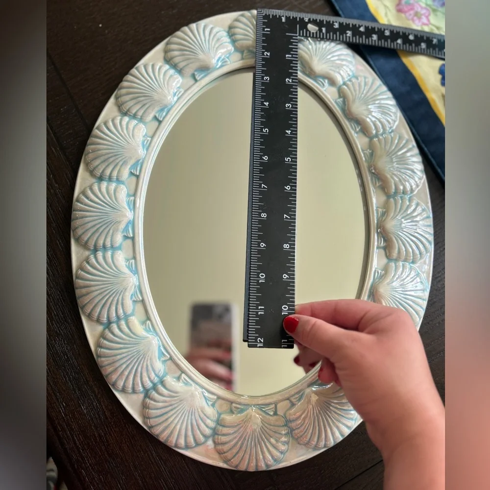Vintage RARE Ceramic Hand Painted Scallop Seashell Oval Framed Wall Mirror